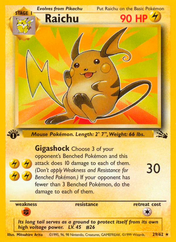 Raichu (1st Edition) Pokemon card (29/62, Fossil)