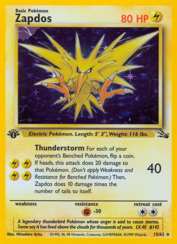 Zapdos (1st Edition) Pokemon card (15/62, Fossil)