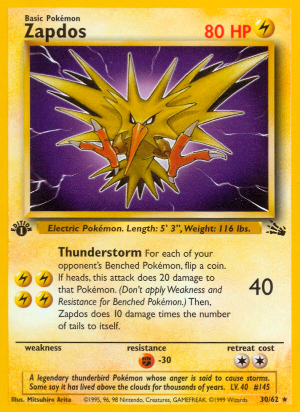 Zapdos (1st Edition) Pokemon card (30/62, Fossil)