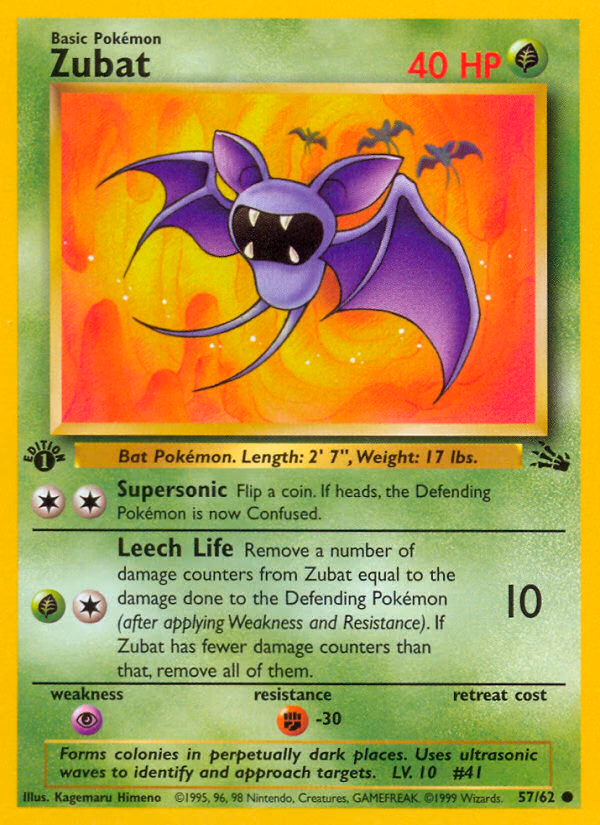 Zubat (1st Edition) Pokemon card (57/62, Fossil)
