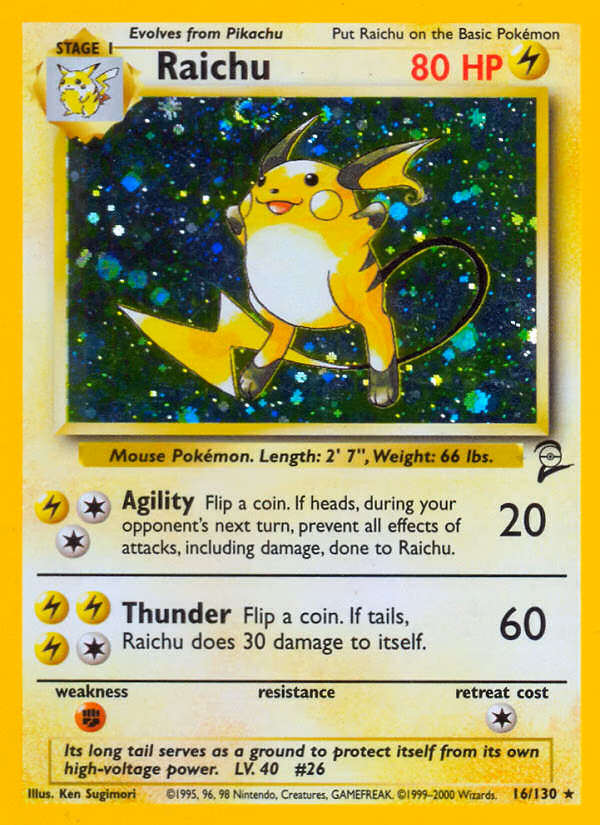 Raichu Pokemon card (16/130, Base Set 2)