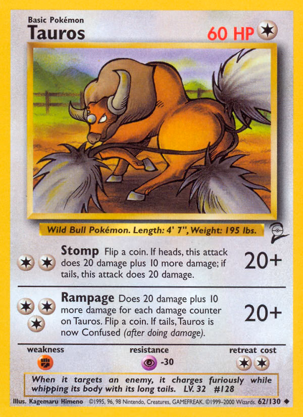 Tauros Pokemon card (62/130, Base Set 2)