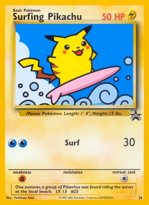 Surfing Pikachu Pokemon card (28, Wizards Black Star Promos)