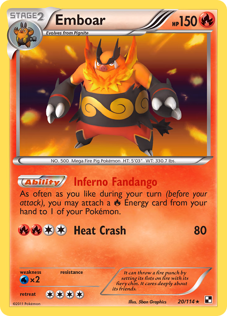Emboar Pokemon card (20/114, Black & White)