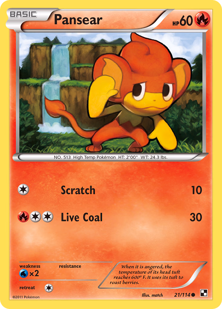 Pansear Pokemon card (21/114, Black & White)