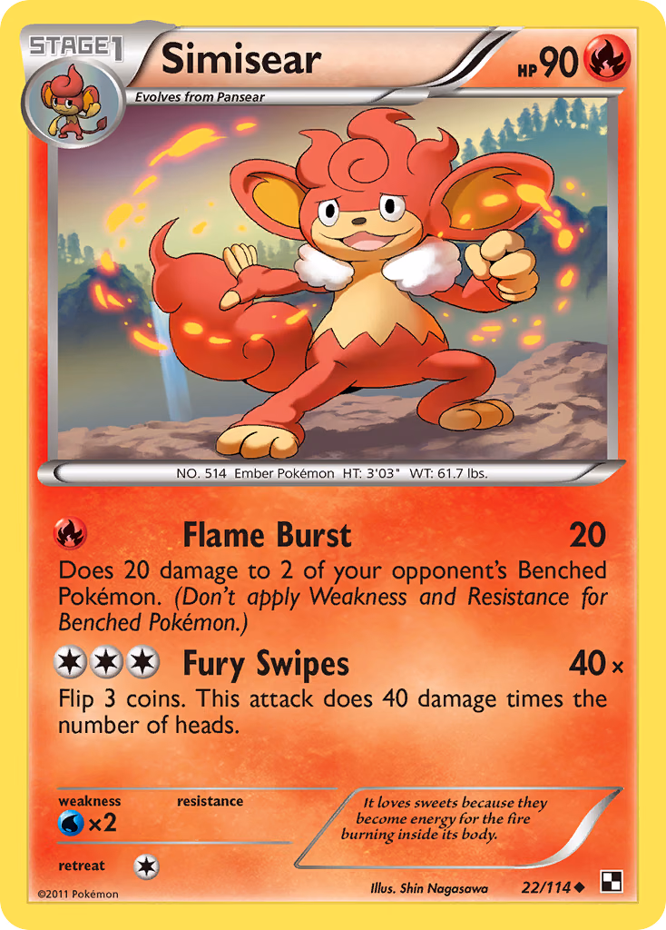 Simisear Pokemon card (22/114, Black & White)