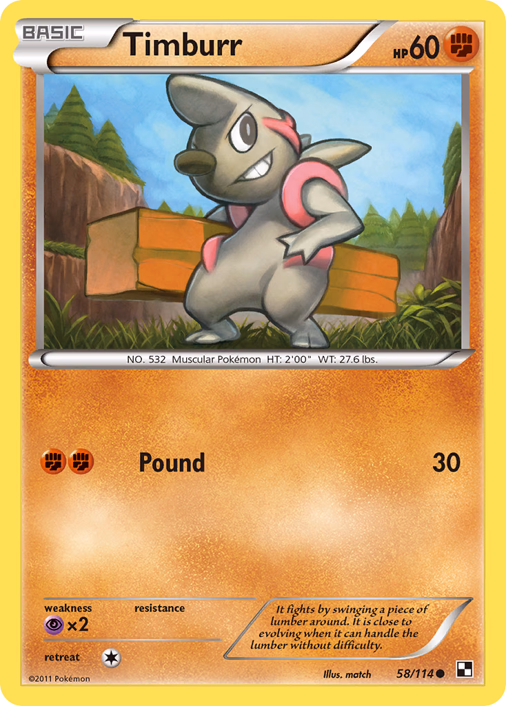 Timburr Pokemon card (58/114, Black & White)