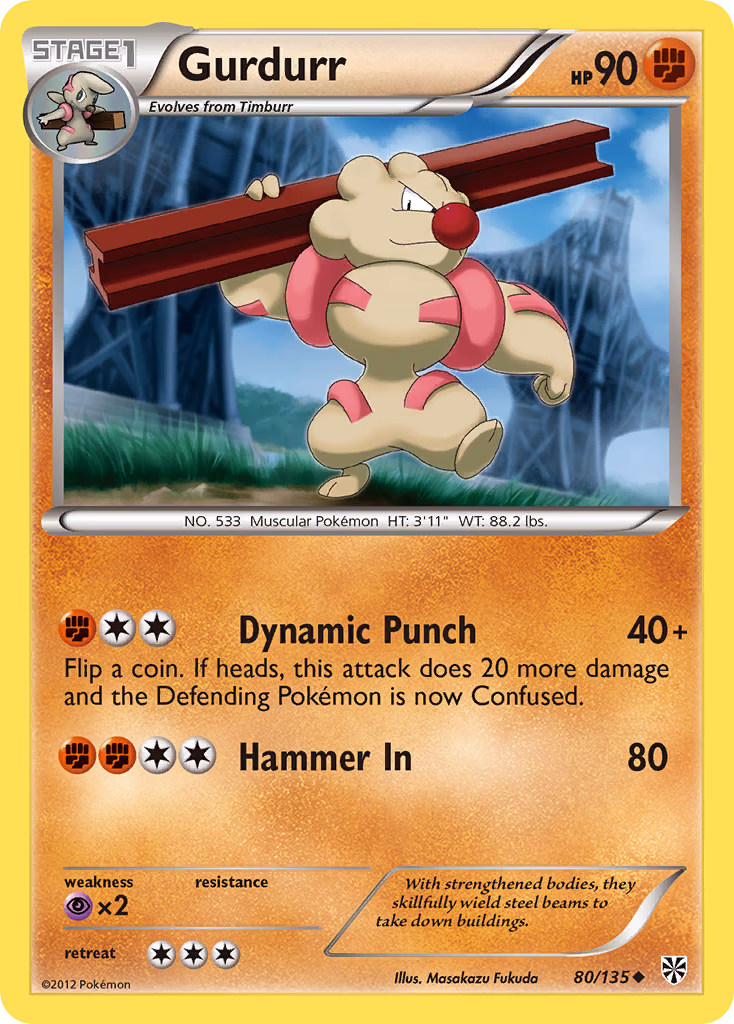Gurdurr Pokemon card (80/135, Plasma Storm)