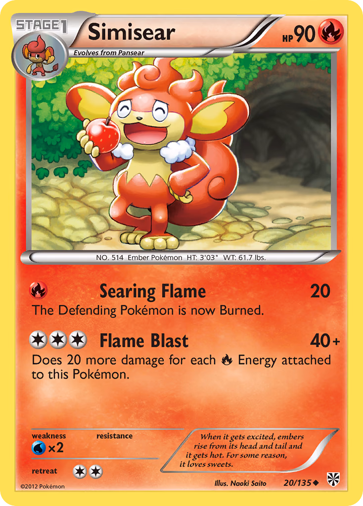 Simisear Pokemon card (20/135, Plasma Storm)