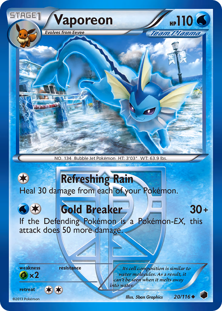 Vaporeon Pokemon card (20/116, Plasma Freeze)