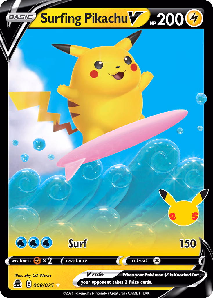 Surfing Pikachu V Pokemon card (008/025, Celebrations)
