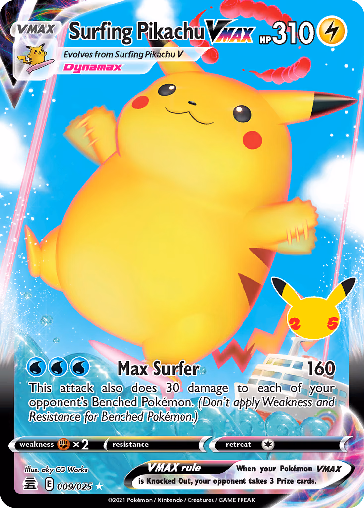 Surfing Pikachu VMAX Pokemon card (009/025, Celebrations)