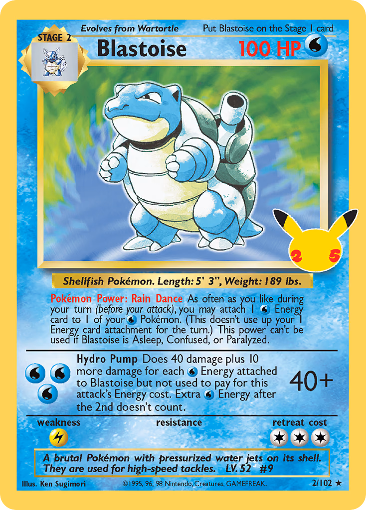 Blastoise Pokemon card (2/102, Celebrations: Classic Collection)