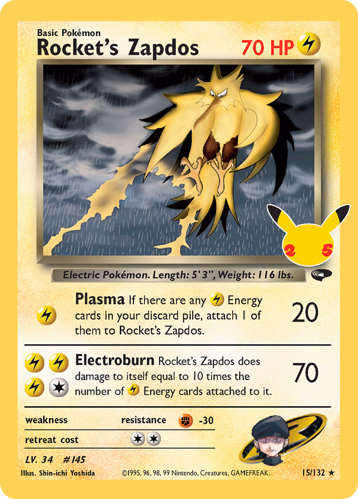 Rocket's Zapdos Pokemon card (15/132, Celebrations: Classic Collection)