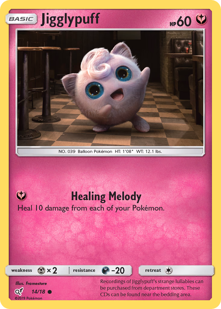 Jigglypuff Pokemon card (14/18, Detective Pikachu)