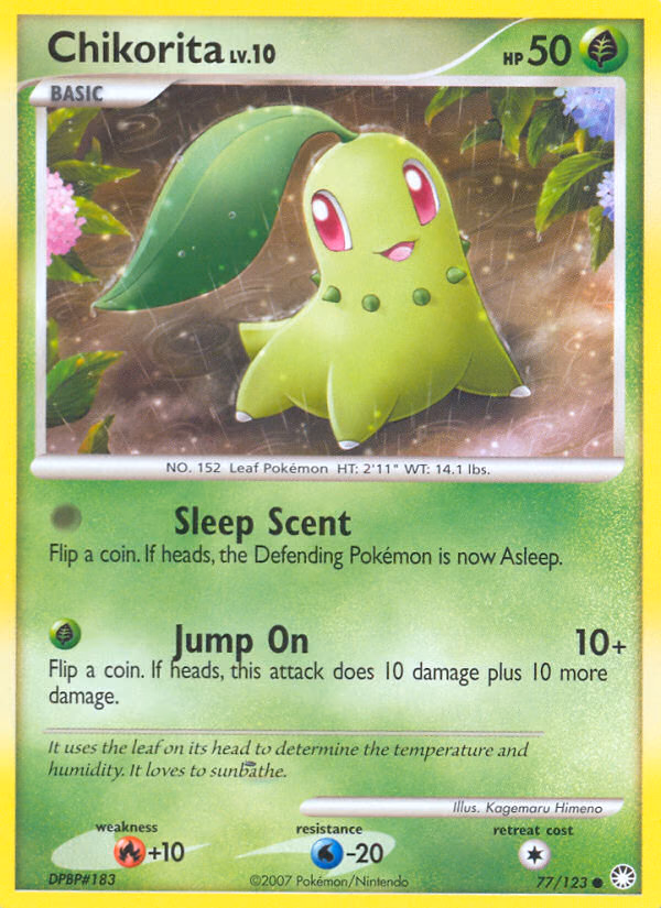 Chikorita Pokemon card (77/123, Mysterious Treasures)
