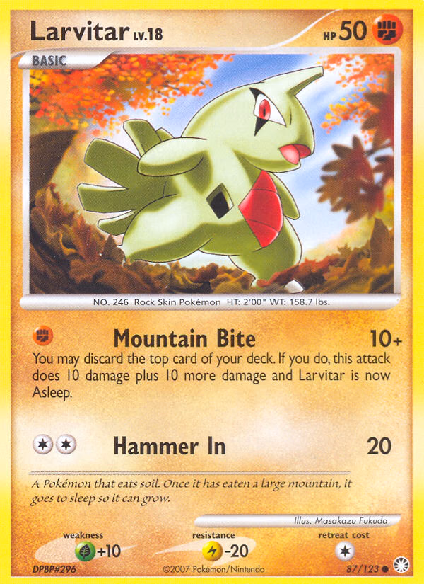 Larvitar Pokemon card (87/123, Mysterious Treasures)