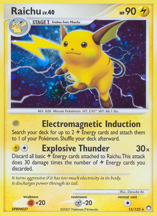 Raichu Pokemon card (15/123, Mysterious Treasures)