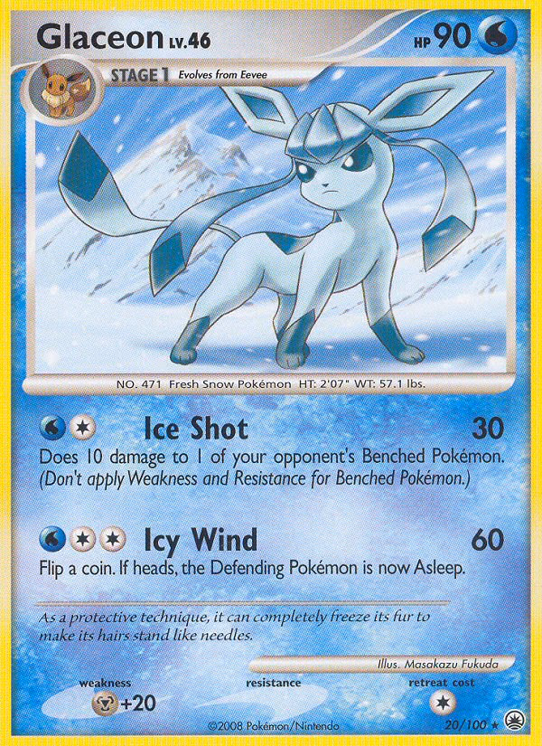 Glaceon Pokemon card (20/100, Majestic Dawn)