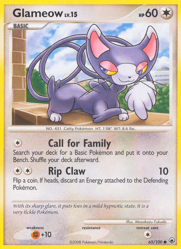 Glameow Pokemon card (65/100, Majestic Dawn)