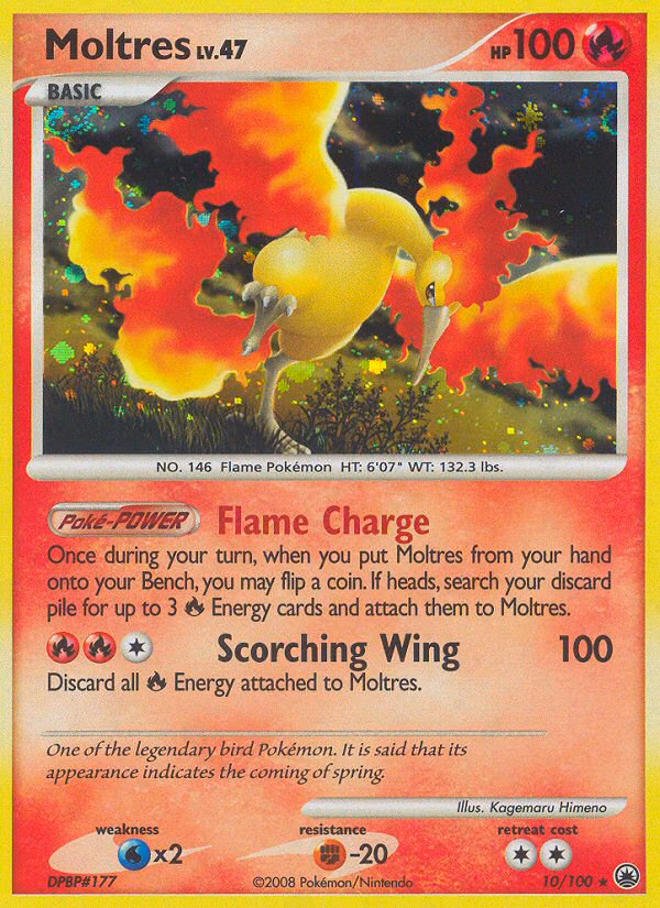 Moltres Pokemon card (10/100, Majestic Dawn)