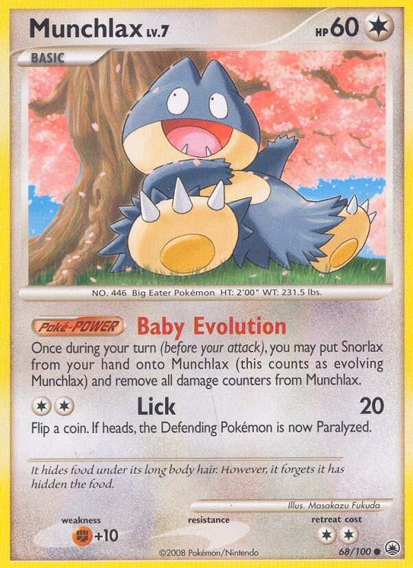 Munchlax Pokemon card (68/100, Majestic Dawn)