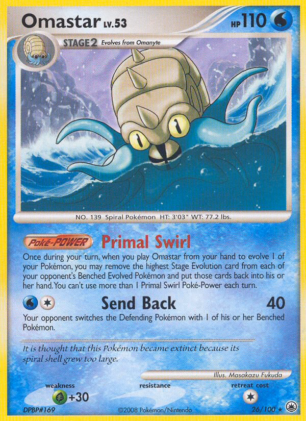 Omastar Pokemon card (26/100, Majestic Dawn)