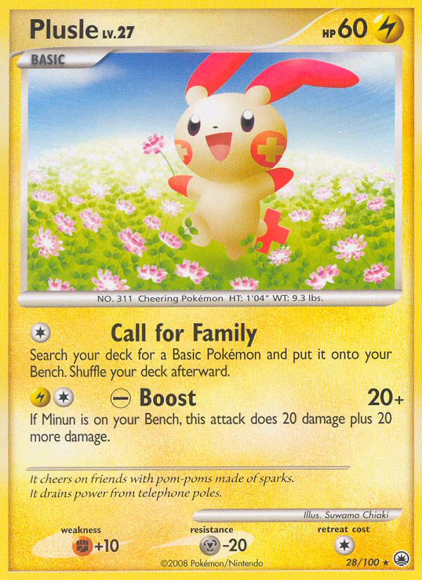 Plusle Pokemon card (28/100, Majestic Dawn)