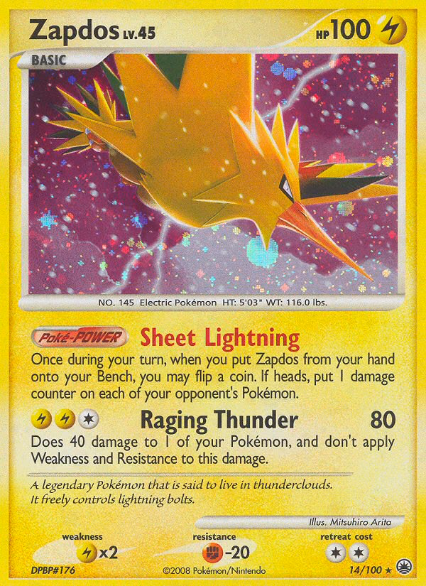 Zapdos Pokemon card (14/100, Majestic Dawn)