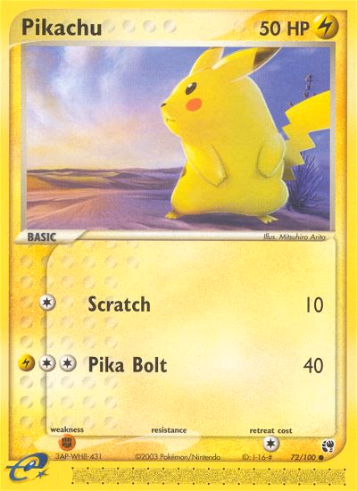Pikachu Pokemon card (72/100, Sandstorm)