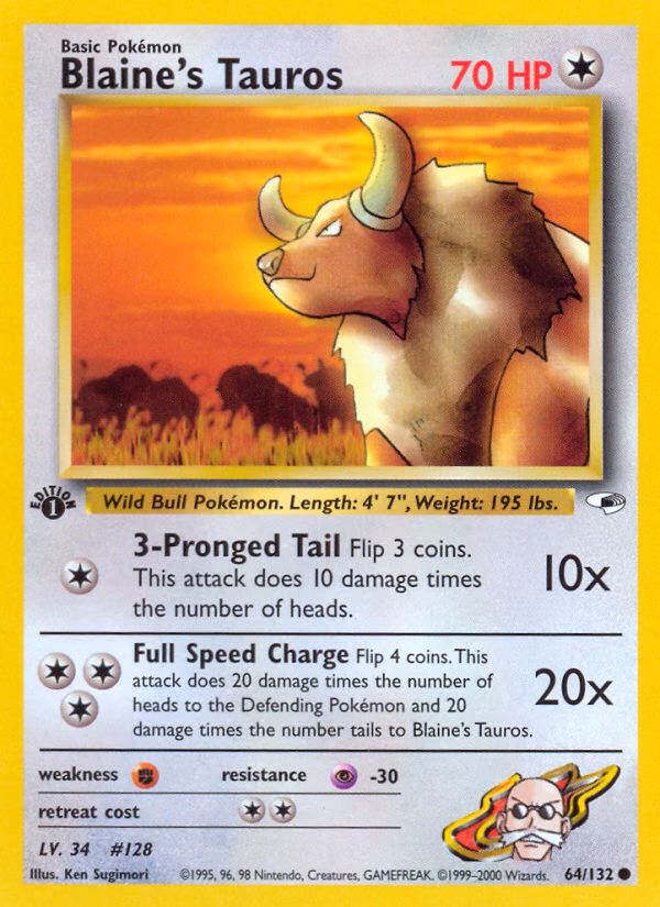 Blaine's Tauros (1st Edition) Pokemon card (64/132, Gym Heroes)