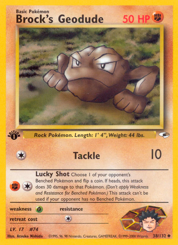 Brock's Geodude (1st Edition) Pokemon card (38/132, Gym Heroes)
