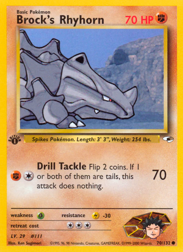 Brock's Rhyhorn (1st Edition) Pokemon card (70/132, Gym Heroes)