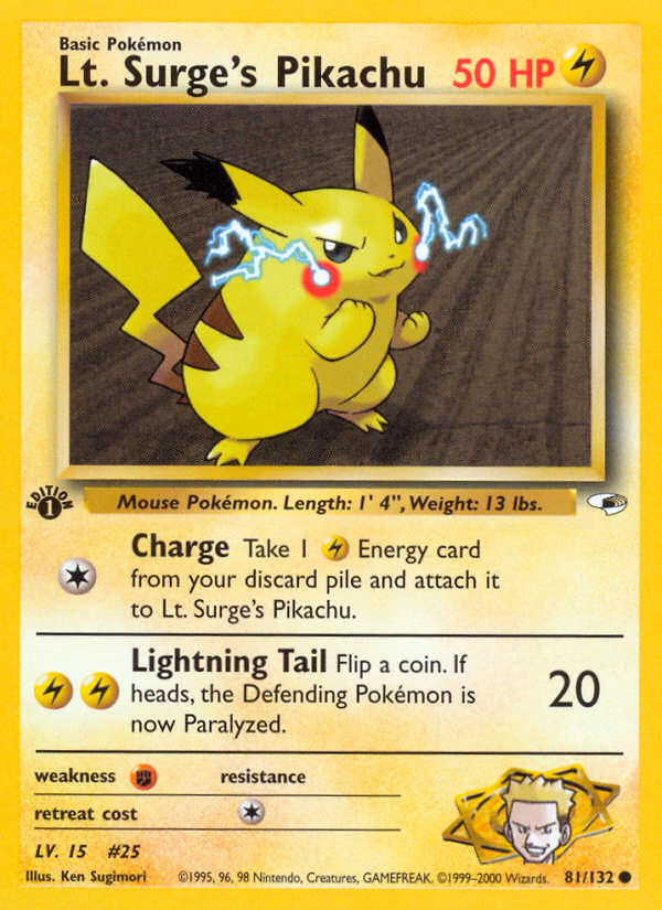 Lt. Surge's Pikachu (1st Edition) Pokemon card (81/132, Gym Heroes)