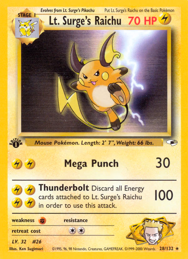 Lt. Surge's Raichu (1st Edition) Pokemon card (28/132, Gym Heroes)