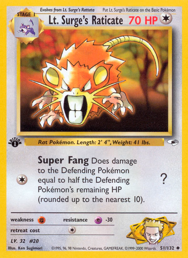 Lt. Surge's Raticate (Unlimited) Pokemon card (51/132, Gym Heroes)