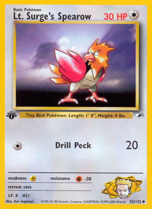 Lt. Surge's Spearow (Unlimited) Pokemon card (52/132, Gym Heroes)