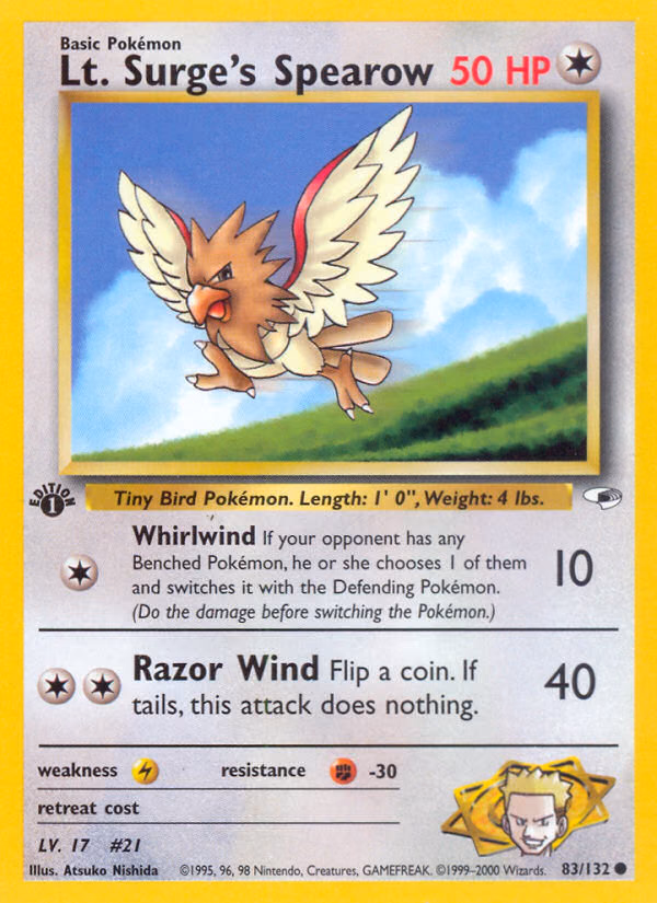 Lt. Surge's Spearow (Unlimited) Pokemon card (83/132, Gym Heroes)