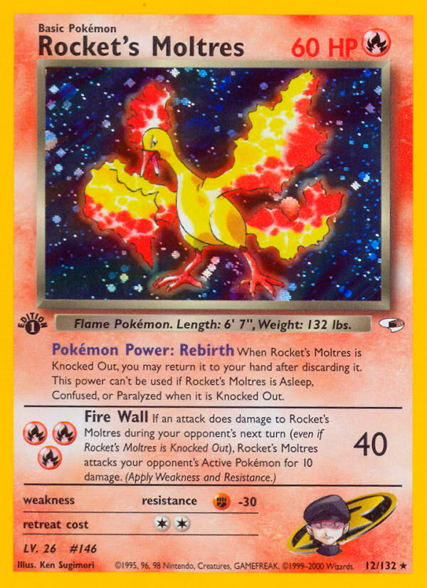 Rocket's Moltres (1st Edition) Pokemon card (12/132, Gym Heroes)