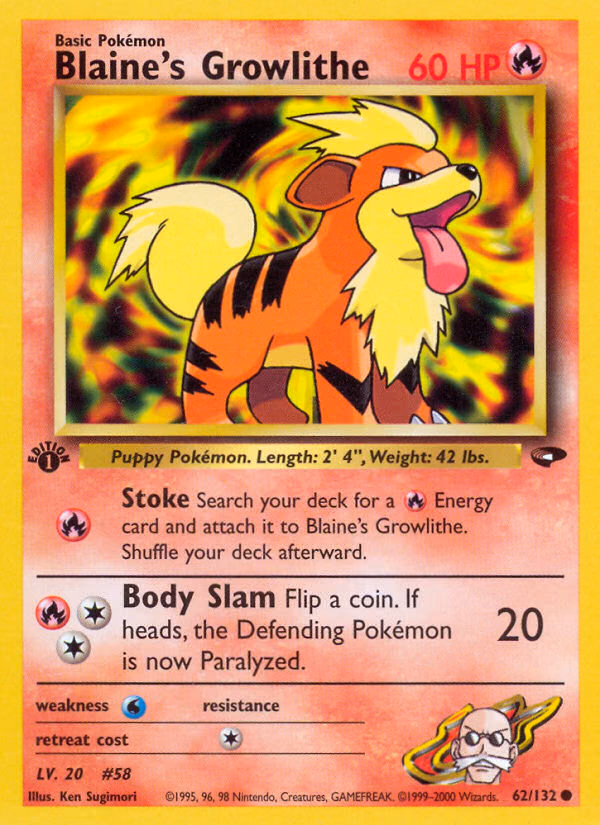 Blaine's Growlithe (1st Edition) Pokemon card (62/132, Gym Challenge)