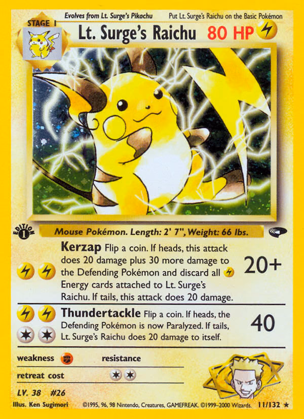 Lt. Surge's Raichu (1st Edition) Pokemon card (11/132, Gym Challenge)