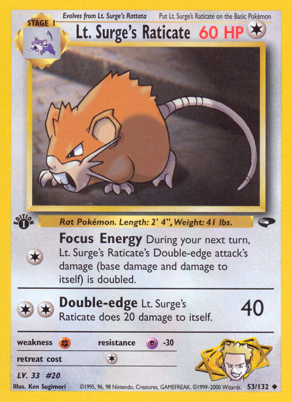 Lt. Surge's Raticate (Unlimited) Pokemon card (53/132, Gym Challenge)