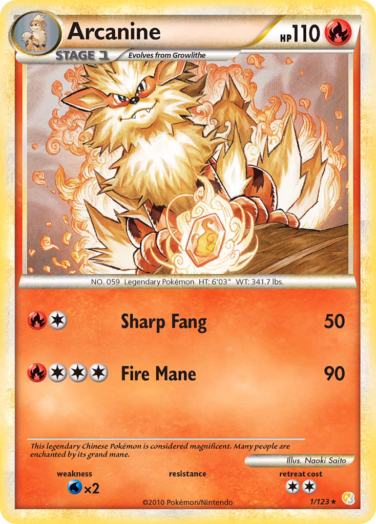 Arcanine Pokemon card (1/123, HeartGold & SoulSilver)