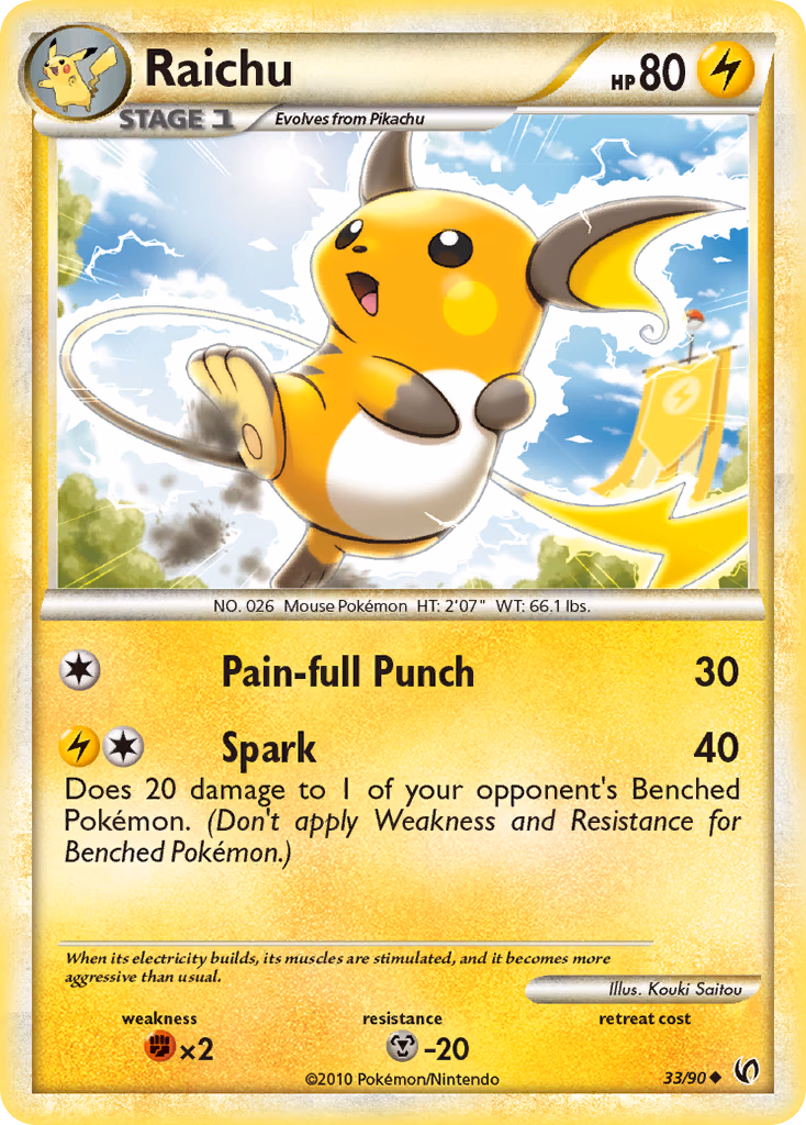Raichu Pokemon card (33/90, HS—Undaunted)