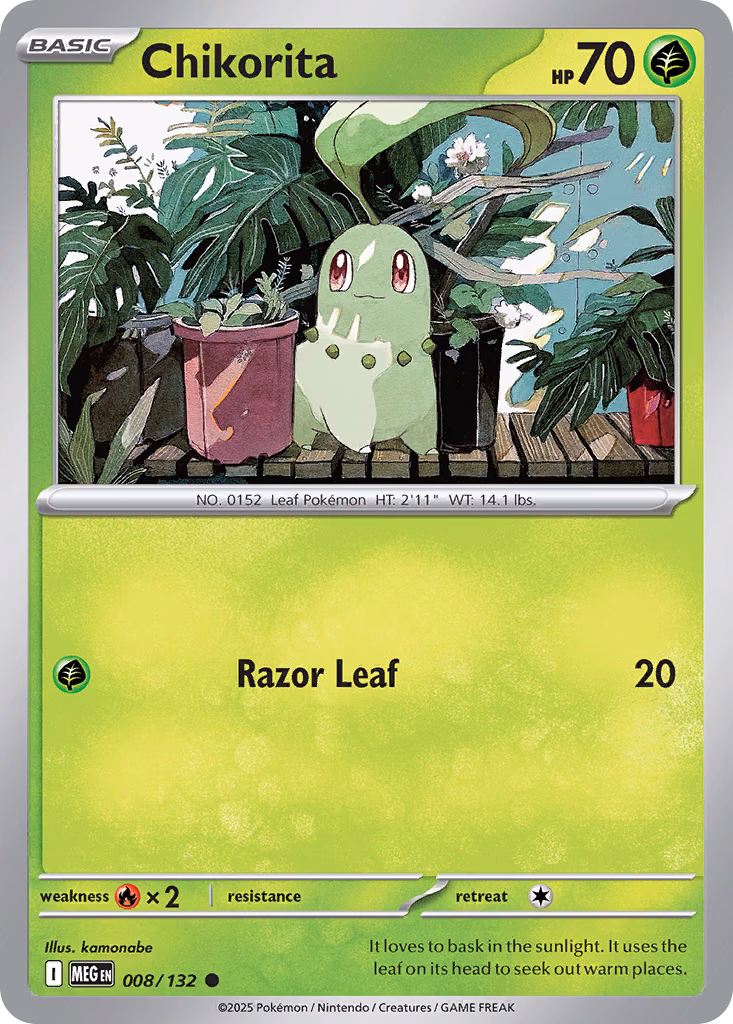 Chikorita Pokemon card (008/132, Mega Evolution)