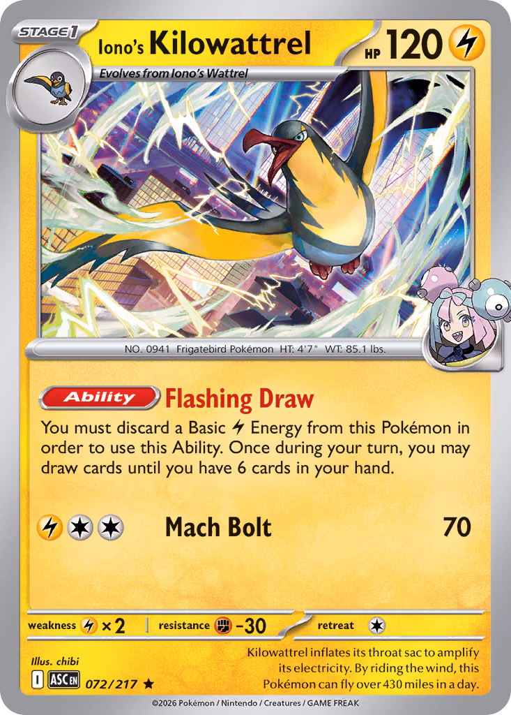 Iono's Kilowattrel Pokemon card (072/217, Ascended Heroes)