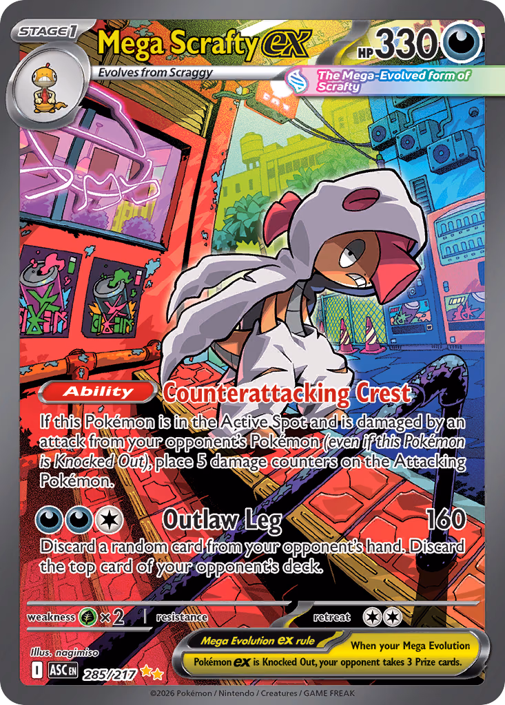Mega Scrafty ex Pokemon card (285/217, Ascended Heroes)