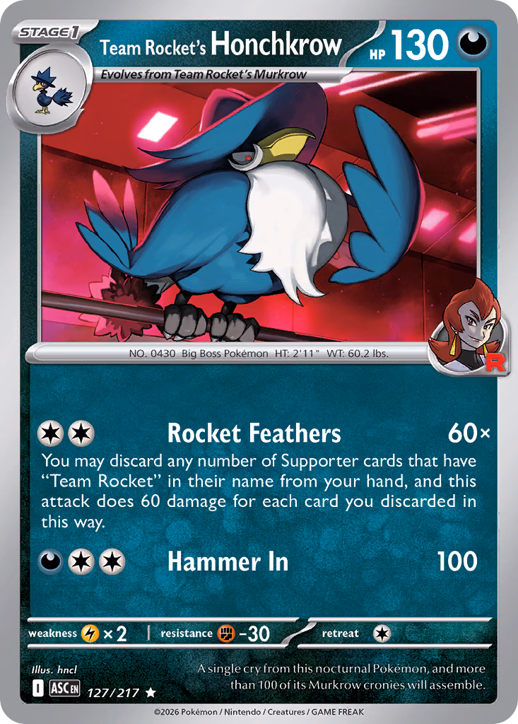 Team Rocket's Honchkrow Pokemon card (127/217, Ascended Heroes)