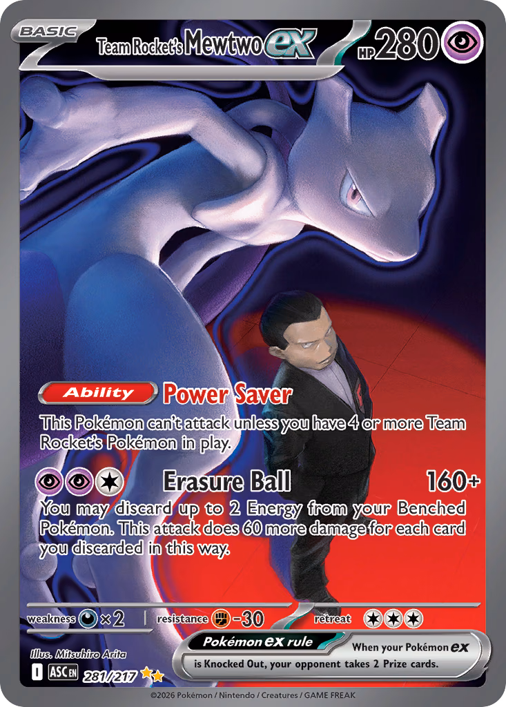 Team Rocket's Mewtwo ex Pokemon card (281/217, Ascended Heroes)