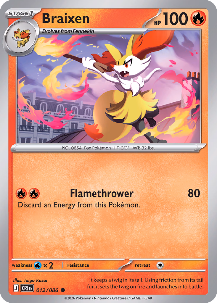 Braixen Pokemon card (012/086, Chaos Rising)